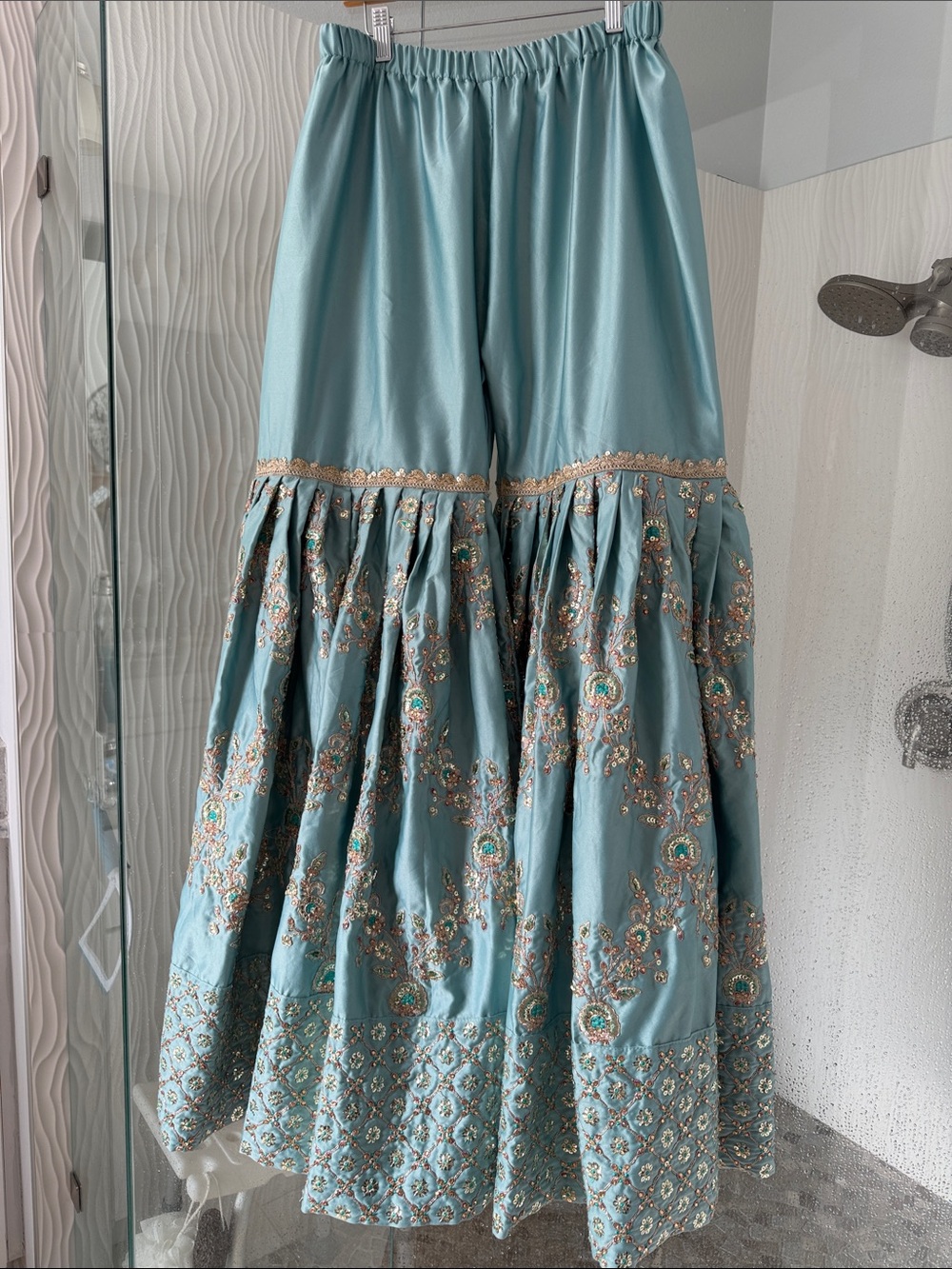 Embellished Teal Maxi Pant Skirt with Floral Embroidery